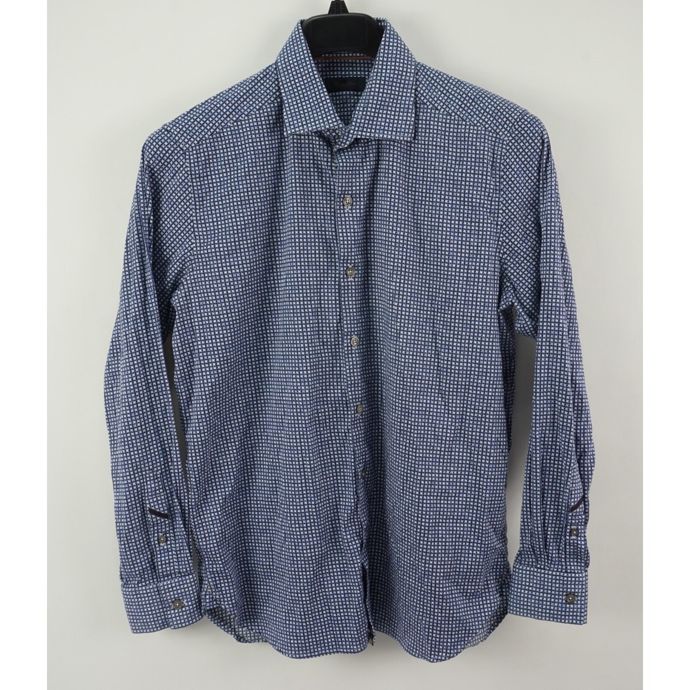 Zanella Performance Men's Large Blue Geometric Check Stretch Button Up Shirt
